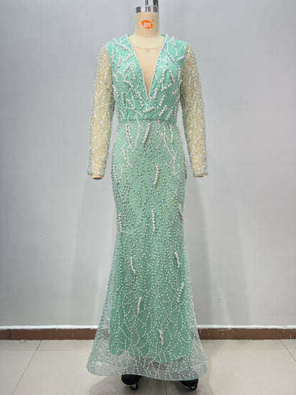 Long Sleeve Pearl Sequin Maxi Dress Green HV2859