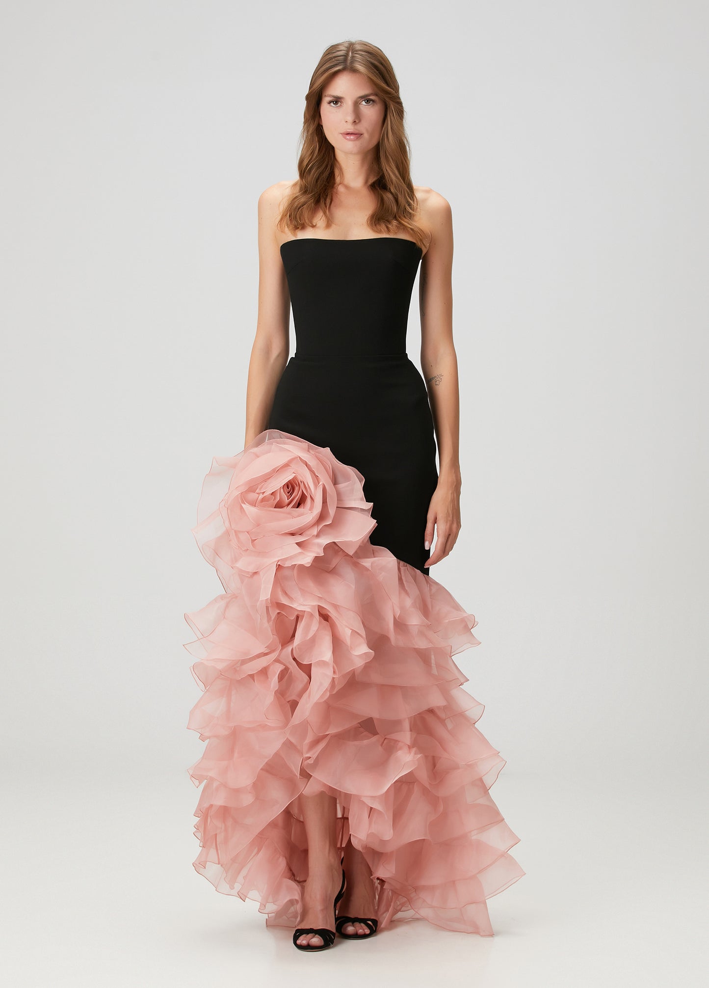 Strapless Floral Ruffle Maxi Dress Black Pink HV2811