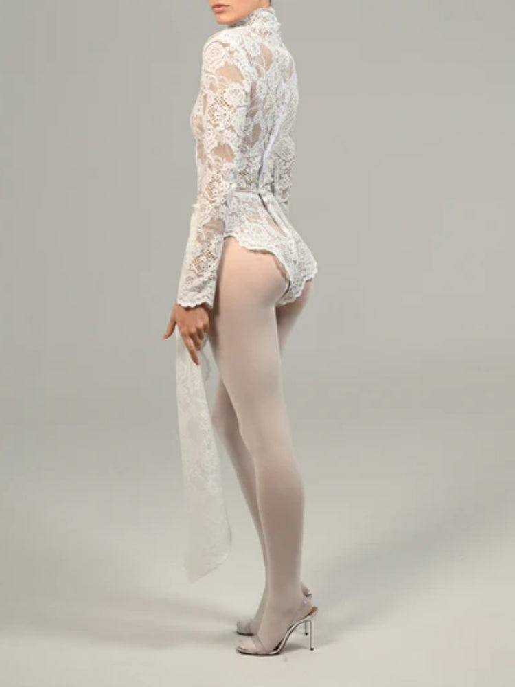 Long Sleeve Draped Lace Bodysuit White HV1546