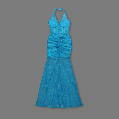 Halter Structured Lace Maxi Dress Turquoise HV2494