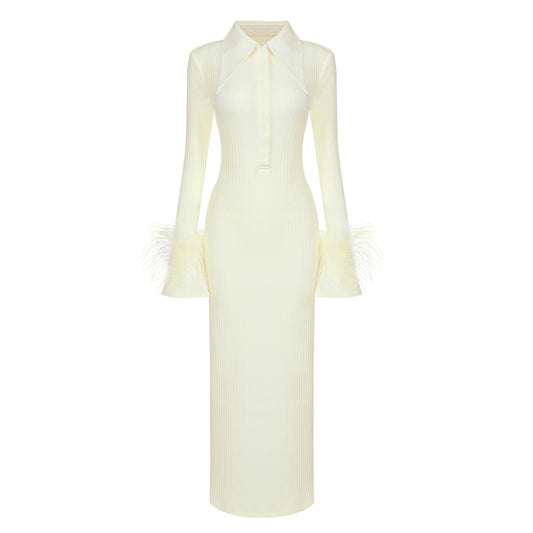 Long Sleeve Feather Ribbed Maxi Dress Ivory  HV8975