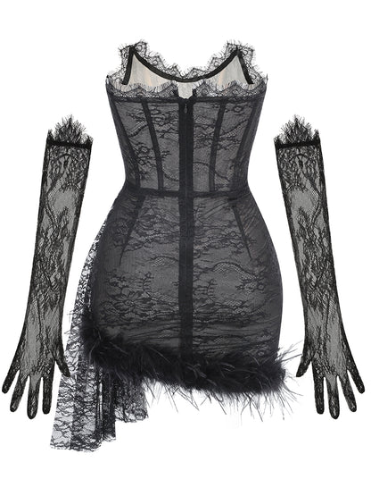 Strapless Lace Corset Feather Dress Black