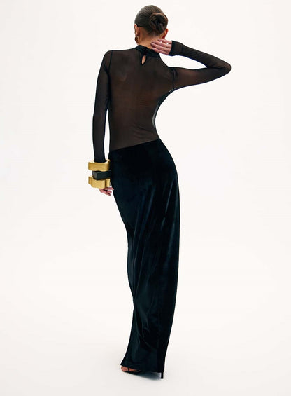 Long Sleeve Bustier Mesh Maxi Dress Black HV1537