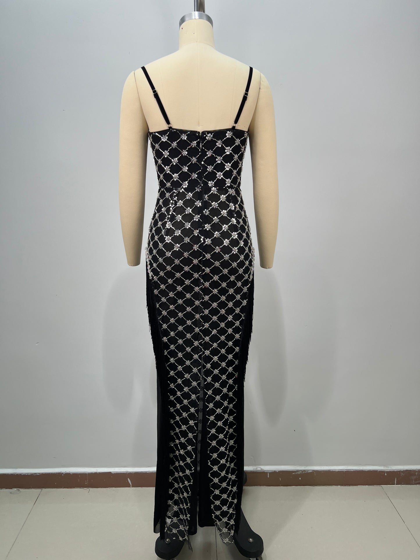Tassel Bustier Sequin Maxi Dress Black Silver HV2927