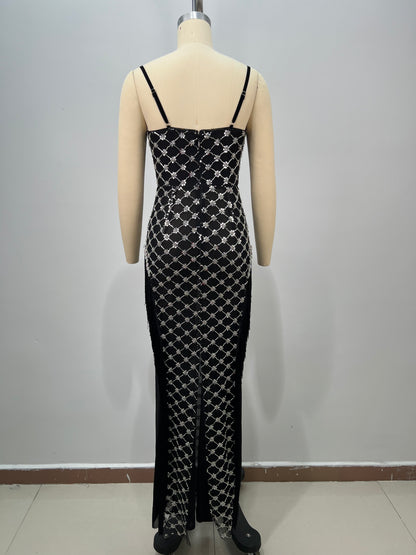 Tassel Bustier Sequin Maxi Dress Black Silver HV2927