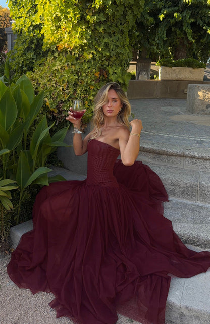 Strapless Structured A Line Maxi Dress Burgundy HV0086