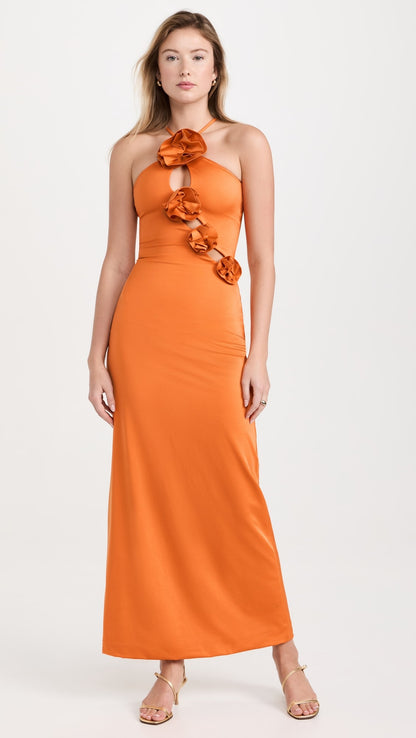 Halter Floral Maxi Dress Orange HV1582