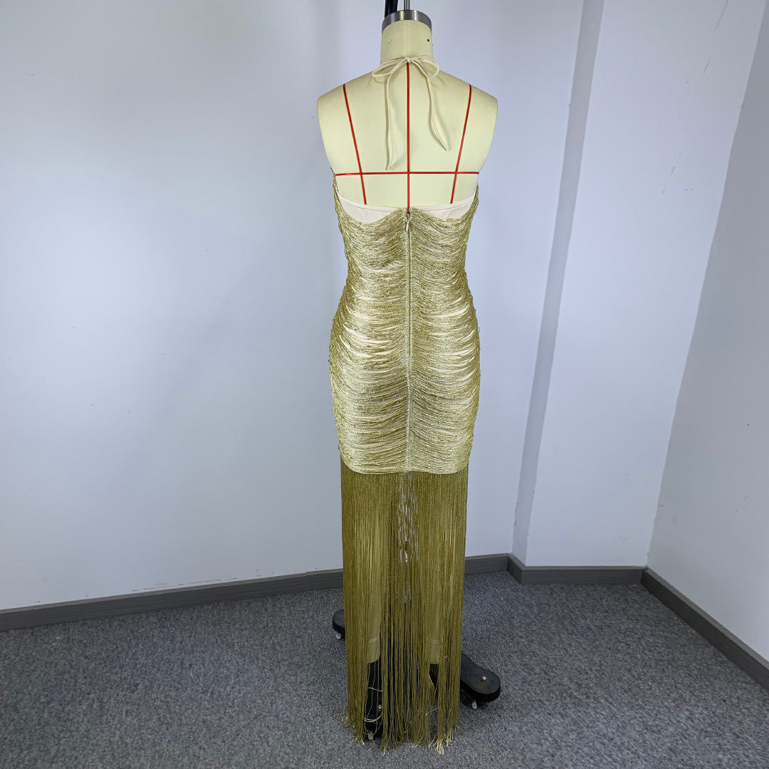 Halter Tassel Detail Maxi Dress Gold HV3109