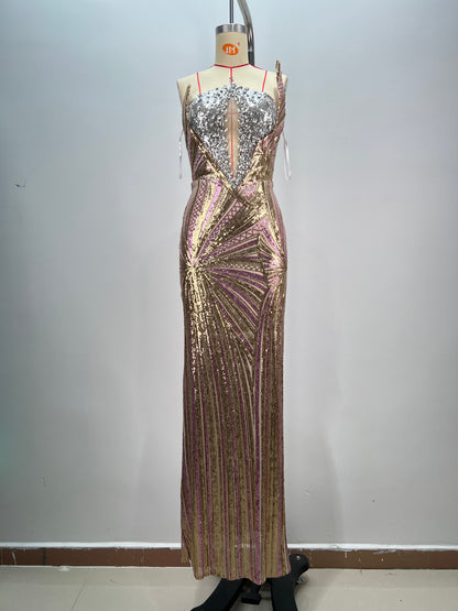 Strapless Sequin Maxi Dress Silver Gold HV1783