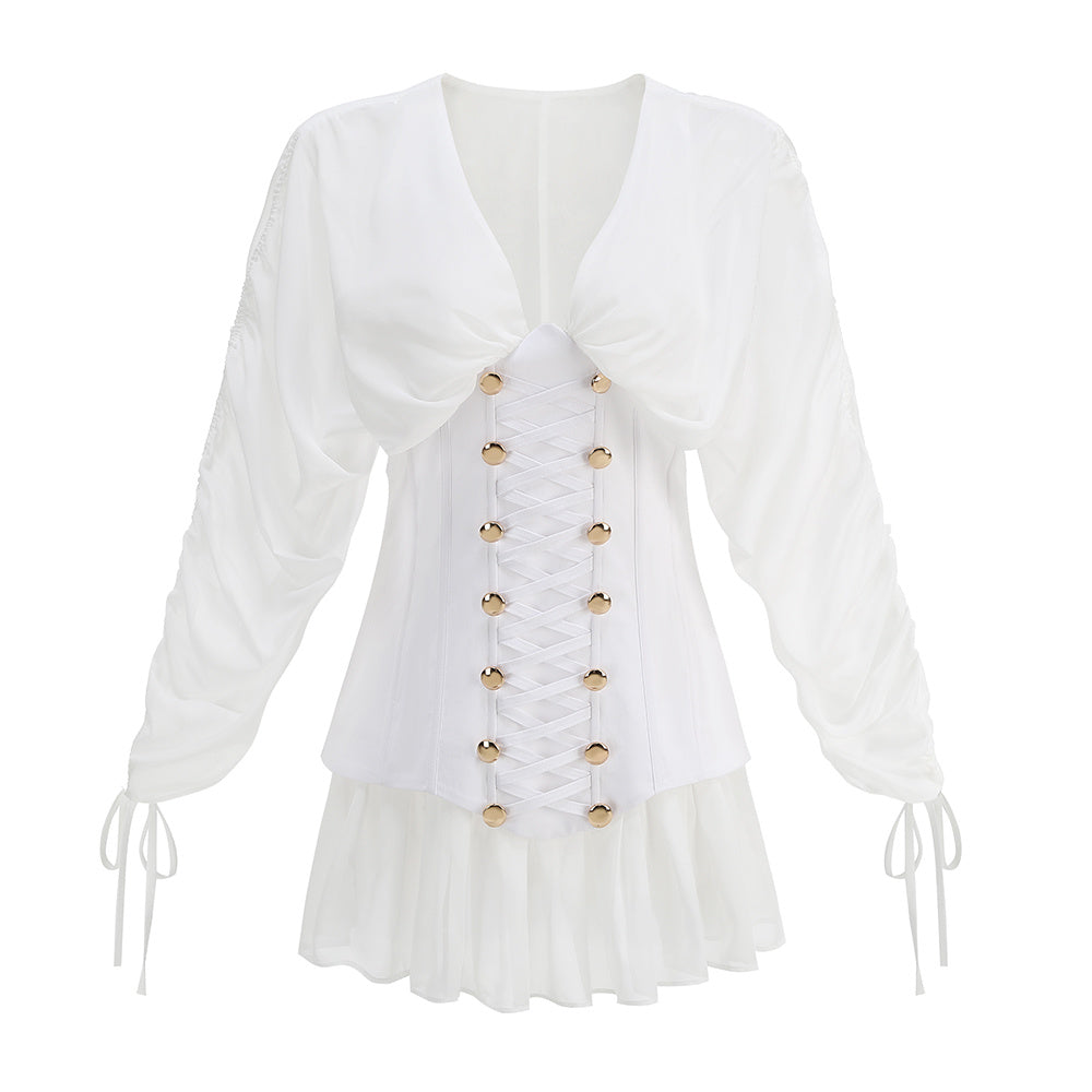 Long Sleeve Corset A Line Dress White HV2913