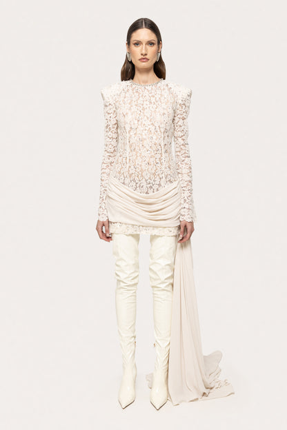 Long Sleeve Draped Sequin Lace Dress White HV0002