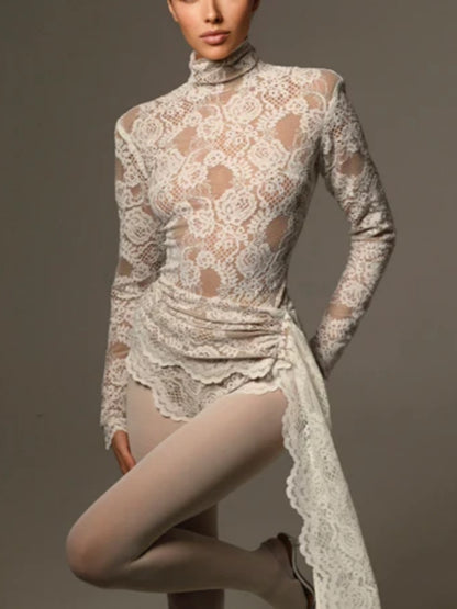 Long Sleeve Draped Lace Bodysuit White HV1546