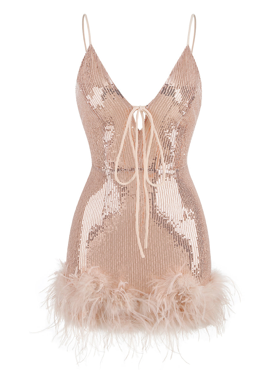 Feather Detail Sequin Dress Pink