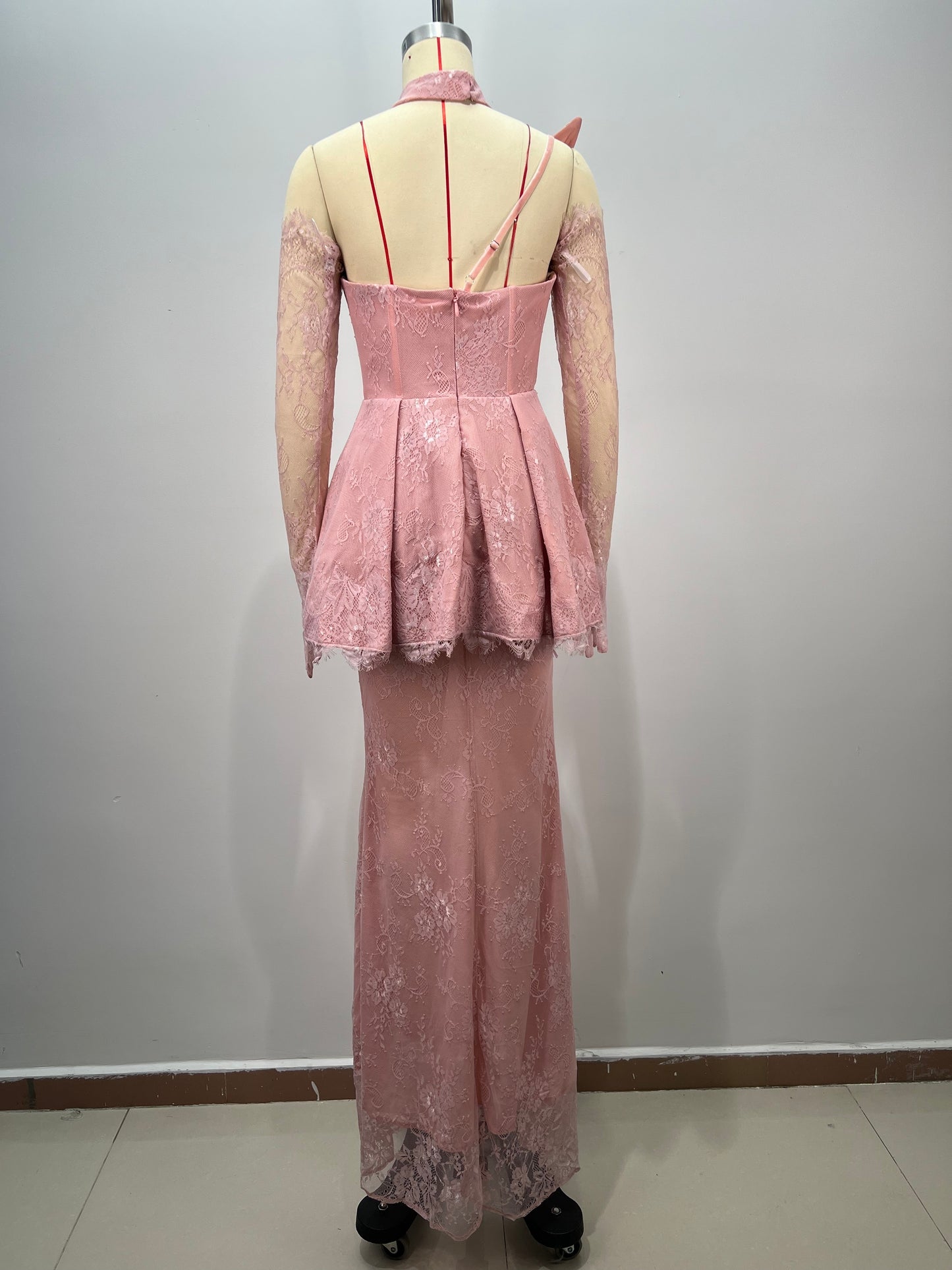One Shoulder Lace Peplum Maxi Dress Pink HV2773