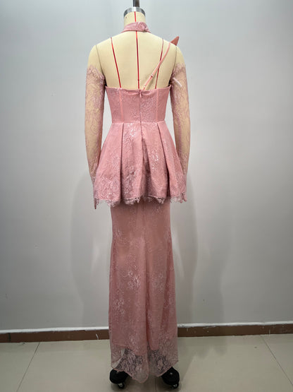 One Shoulder Lace Peplum Maxi Dress Pink HV2773