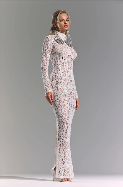Long Sleeve Structured Lace Maxi Dress White HV2657