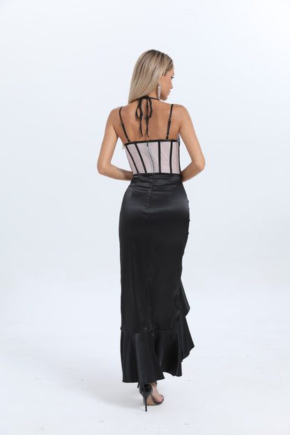 Halter Lace Detail Corset Ruffle Maxi Dress Black HV1480