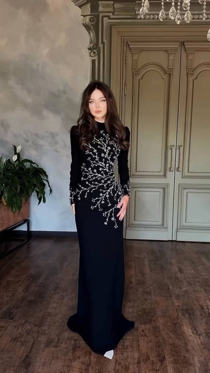 Long Sleeve Crystal Branch Detail Maxi Dress Black HV2647
