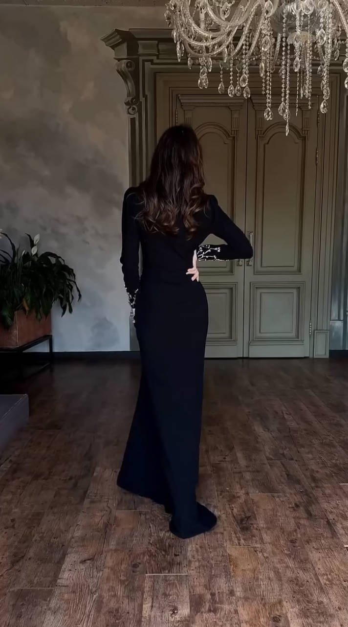 Long Sleeve Crystal Branch Detail Maxi Dress Black HV2647