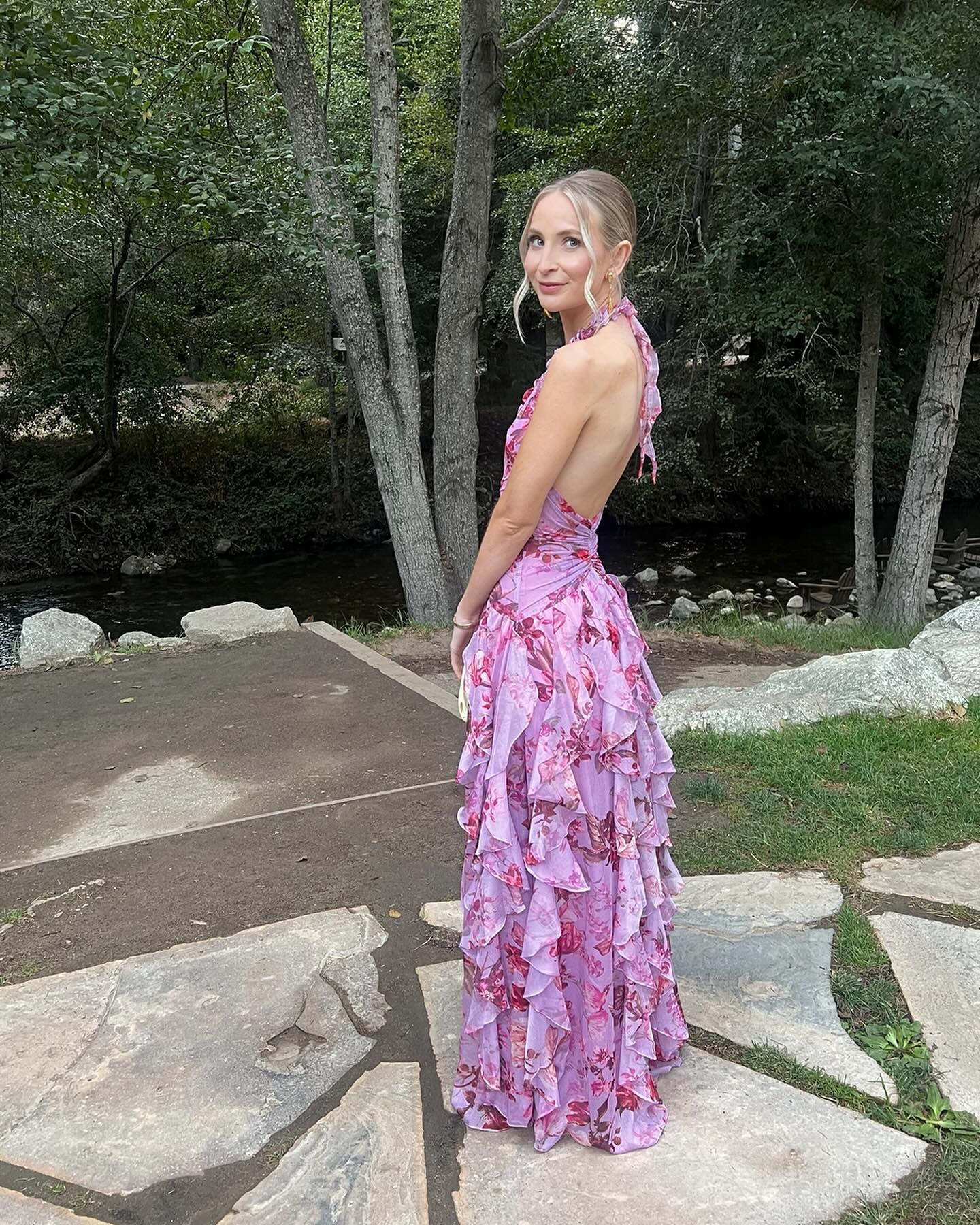 Halter Floral Ruffle Maxi Dress Pink HV2137
