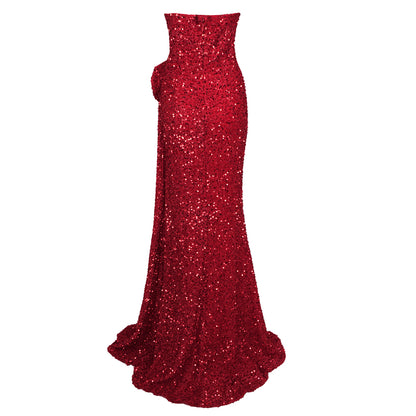 Strapless Floral Bustier Sequin Maxi Dress Red HV1465