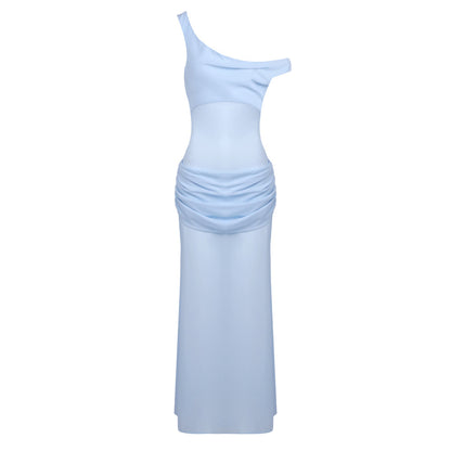 One Shoulder Corset Draped Maxi Dress Blue HV0011