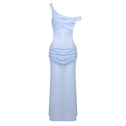 One Shoulder Corset Draped Maxi Dress Blue HV0011