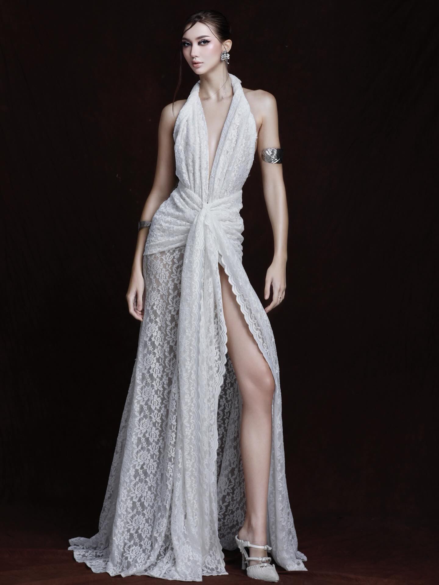 Halter Draped Crochet Maxi Dress White HV0096