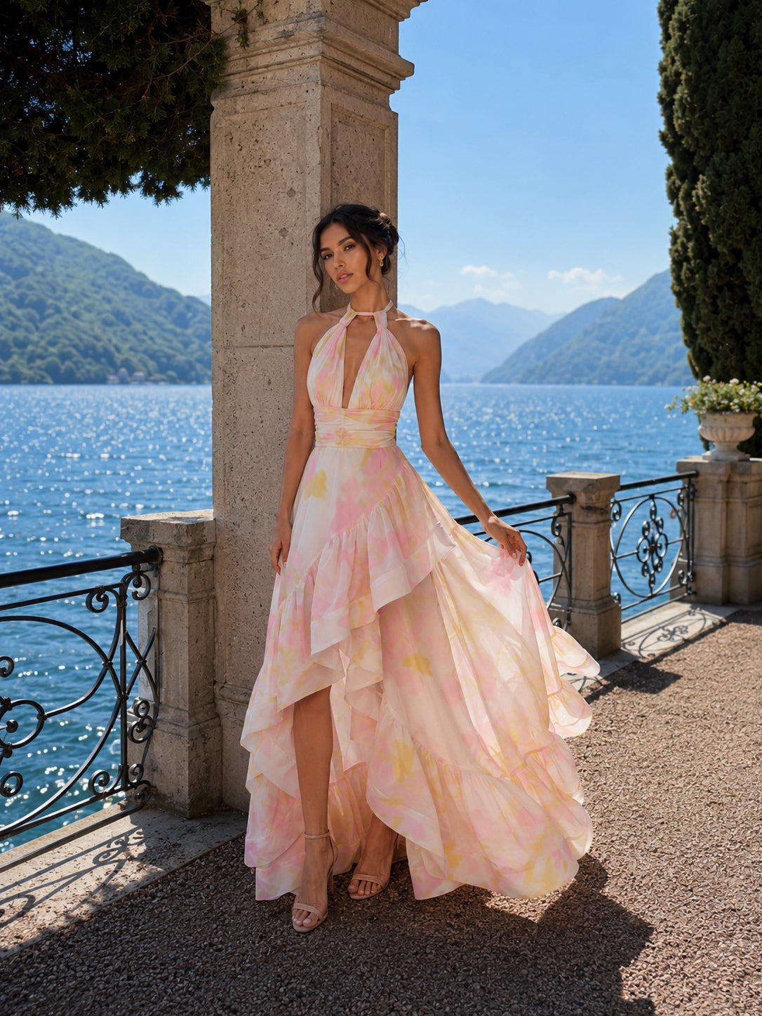 Halter Floral Ruffle Maxi Dress Pink Yellow HV3140