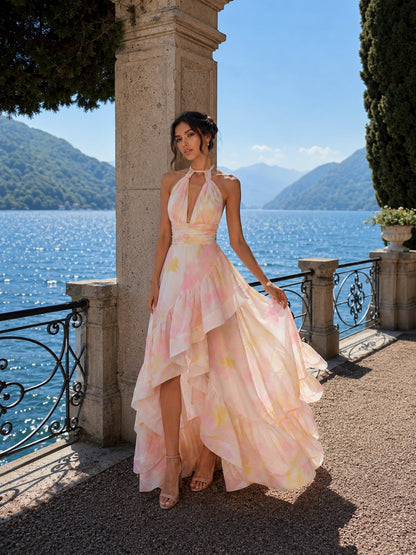 Halter Floral Ruffle Maxi Dress Pink Yellow HV3140