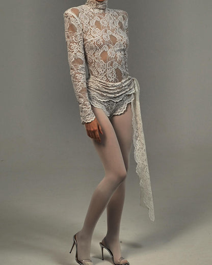 Long Sleeve Draped Lace Bodysuit White HV1546