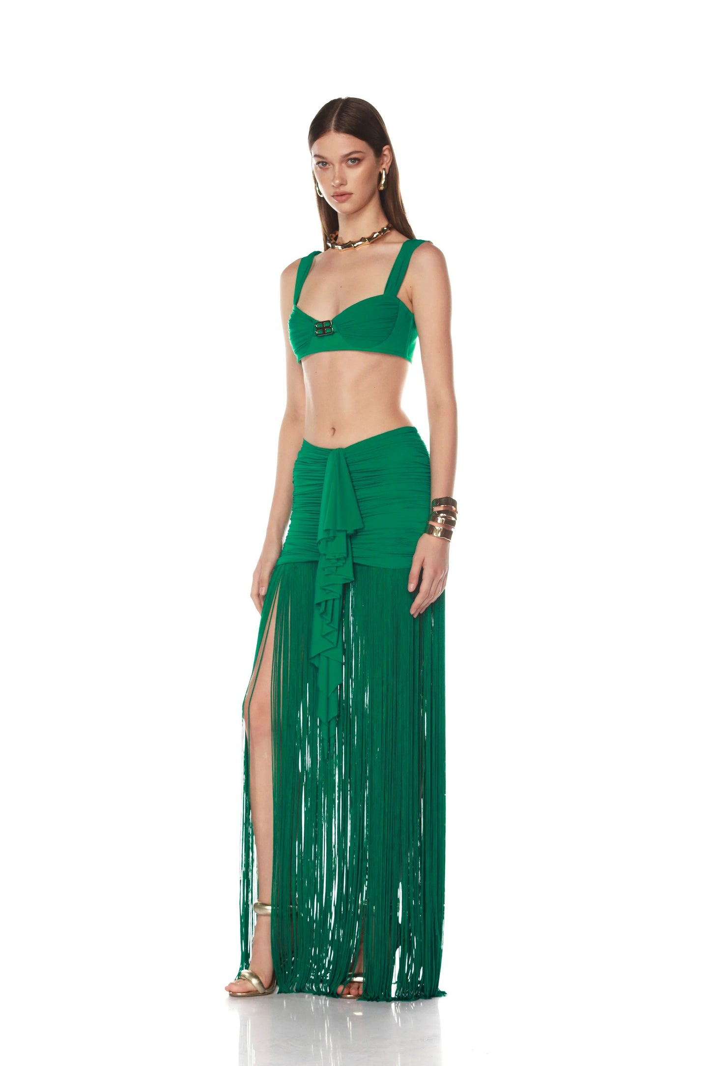 Draped Ruffle Tassel Two Piece Maxi Dress Green HV0001