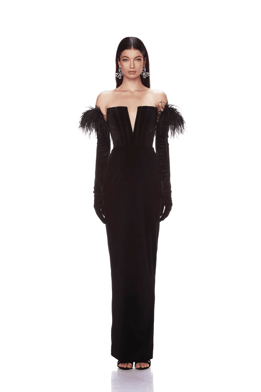 Long Sleeve Feather Corset Maxi Dress Black HV9958