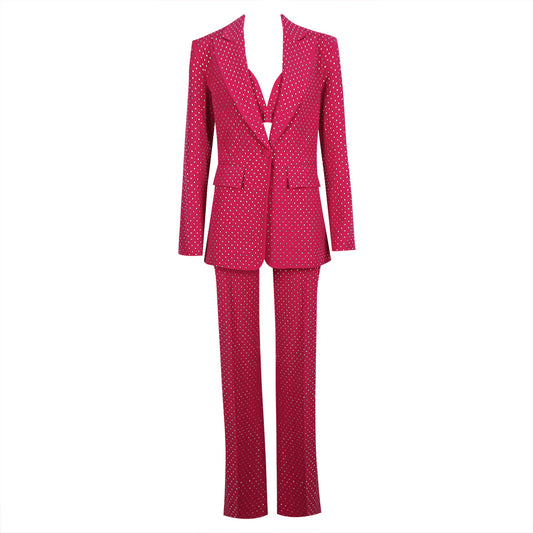 Sparkly Long Sleeve Three Piece Suit Hot Pink  HV9601