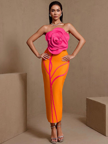 Strapless Floral Detail Maxi Dress Hot Pink Orange HV3045