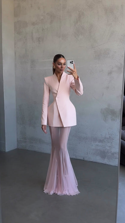 Long Sleeve Mesh Maxi Two Piece Dress Pink HV2572