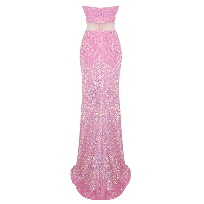 Strapless Crystal Sequin Maxi Dress Pink HV1914