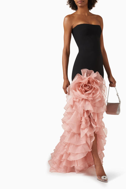 Strapless Floral Ruffle Maxi Dress Black Pink HV2811