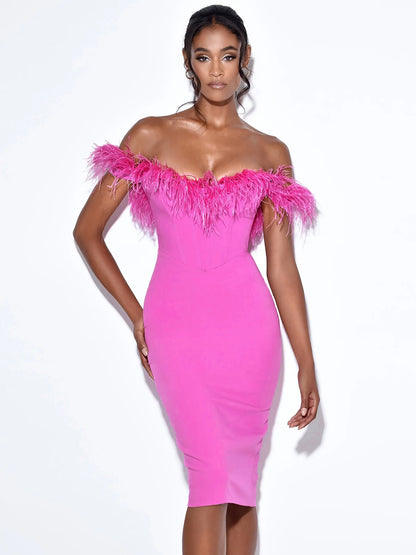 Feather Off Shoulder Midi Dress Hot Pink HV9035