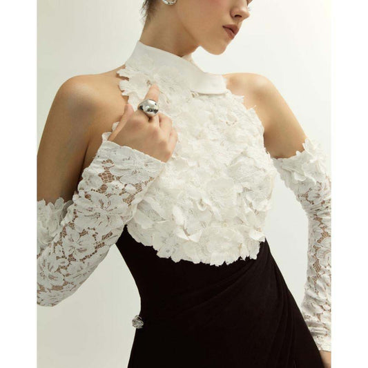 Halter Floral Pleated A Line Maxi Dress Black White HV2838