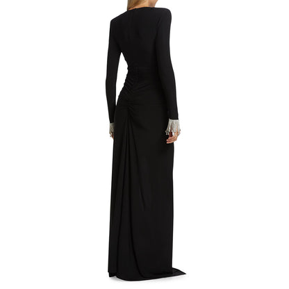 Long Sleeve Crystal Detail Draped Maxi Dress Black