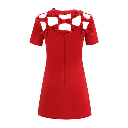 Short Sleeve Bow Detail A Line Dress Red  HV1361