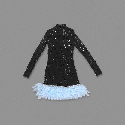 Long Sleeve Embellished Feather Dress Black Blue HV1552