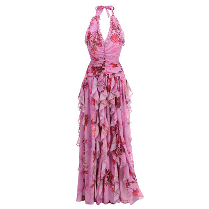 Halter Floral Ruffle Maxi Dress Pink HV2137