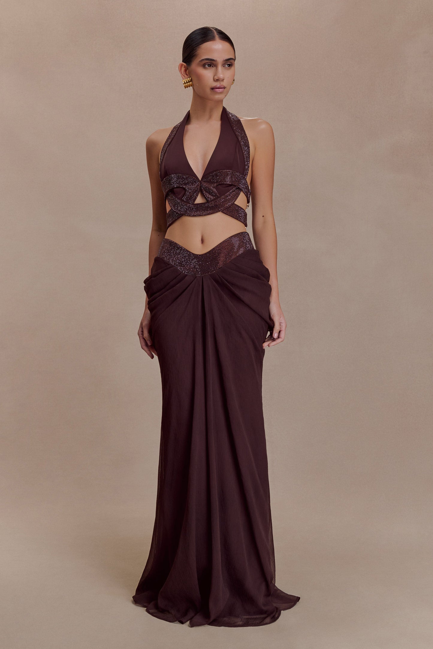 Halter Draped Two Piece Maxi Dress Brown Burgundy HV0072
