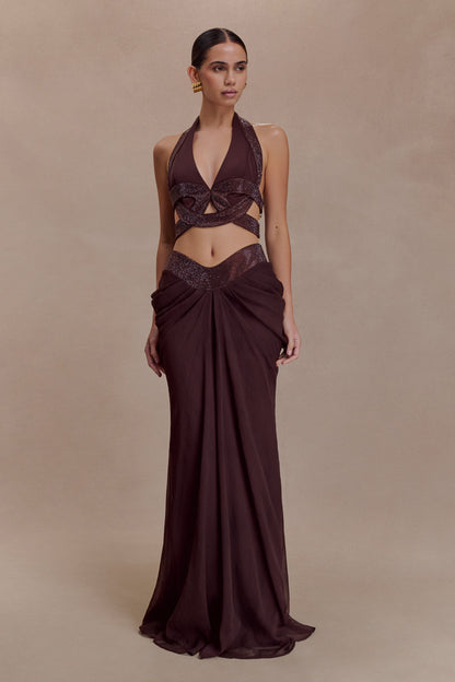 Halter Draped Two Piece Maxi Dress Brown Burgundy HV0072