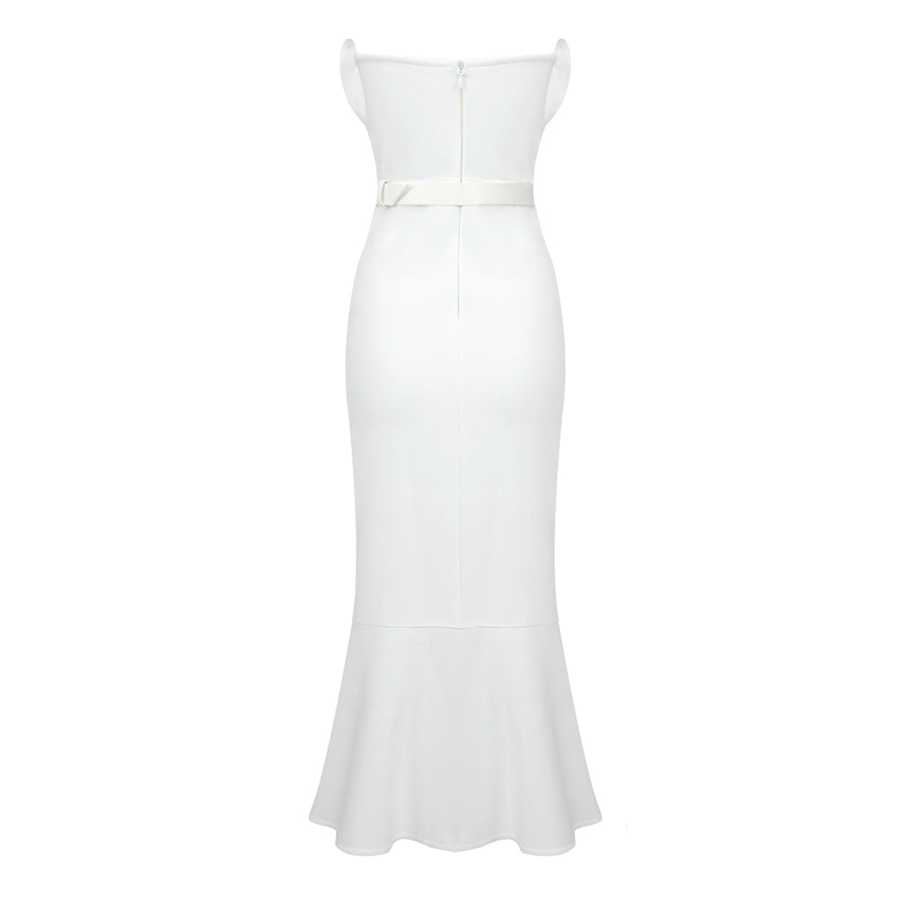 Strapless Heart Detail Belt Midi Dress White HV9638