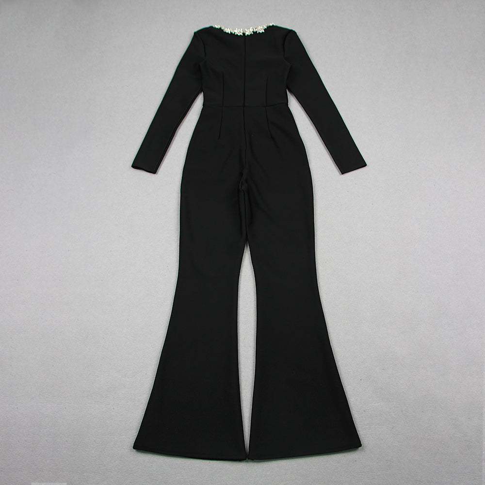 Long Sleeve Crystal Jumpsuit Black HV1093