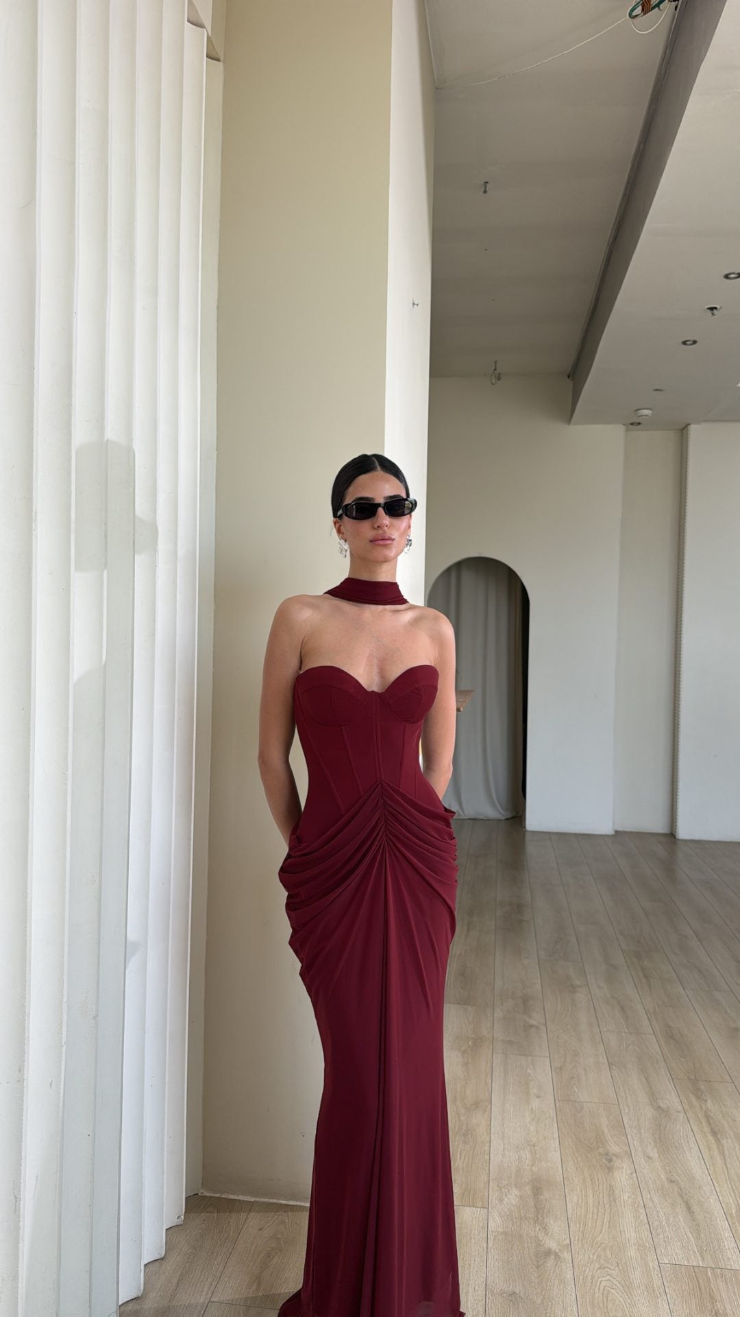 Strapless Draped Maxi Dress Burgundy HV2692