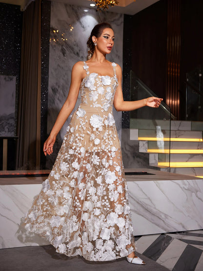 Floral Embroidered Maxi Dress White Nude HV1501